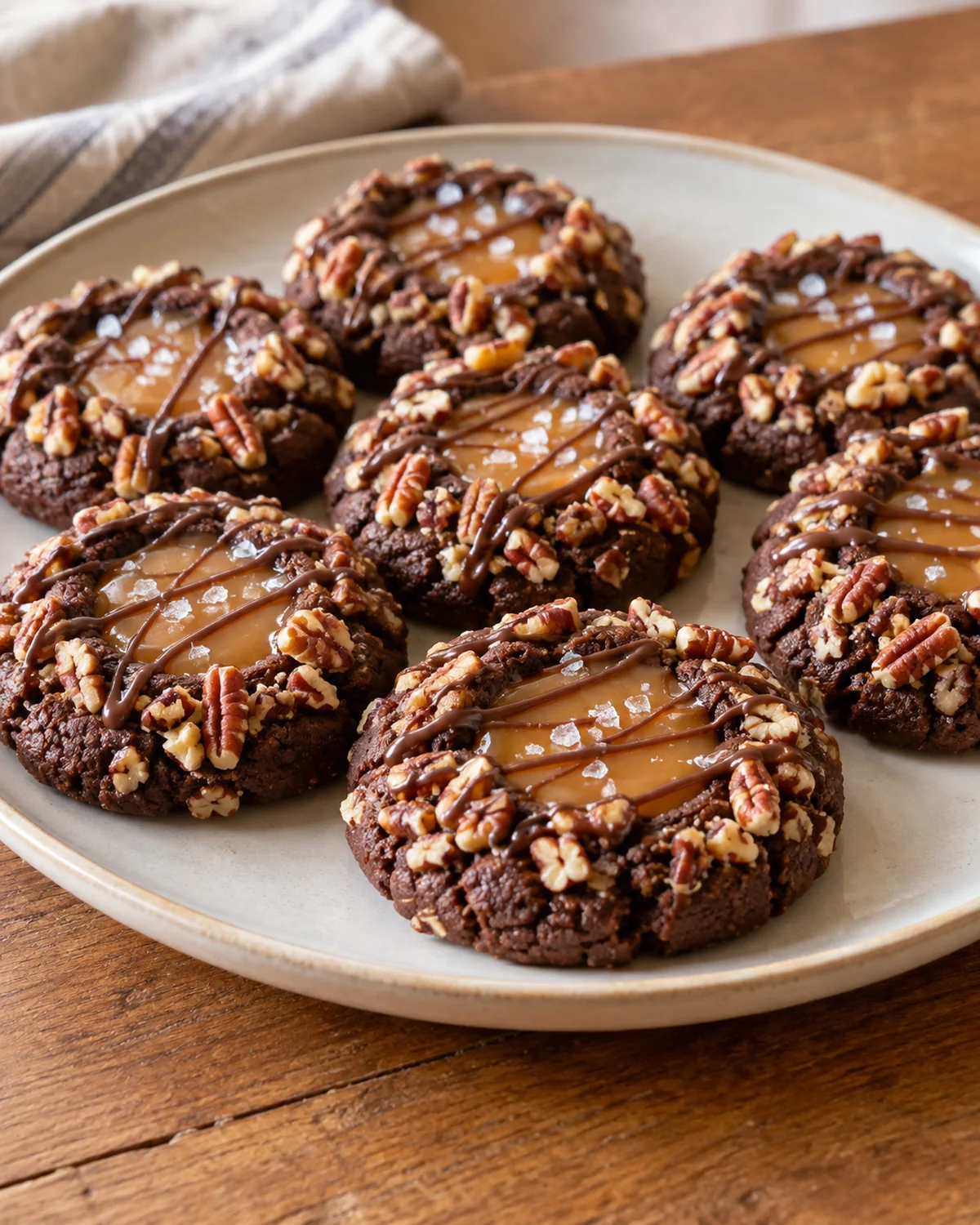 Finished turtle thumbprint cookies with caramel centers and chocolate drizzle on a serving plate