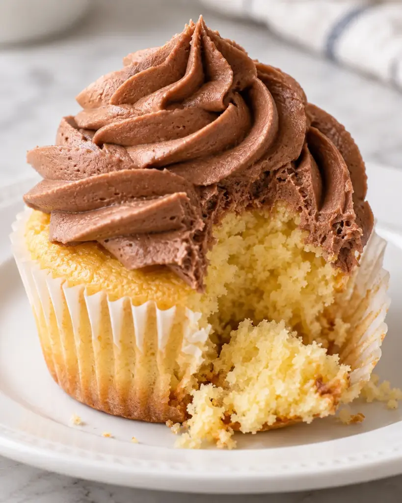 Yellow cupcake broken open to show golden crumb beneath a chocolate buttercream swirl